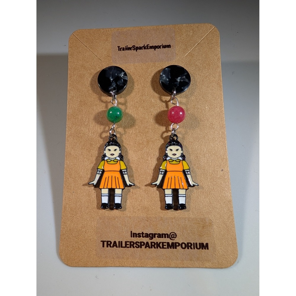 Squid Game Doll Earrings Nickel Free Handmade Drop Dangle Orange Yellow Doll